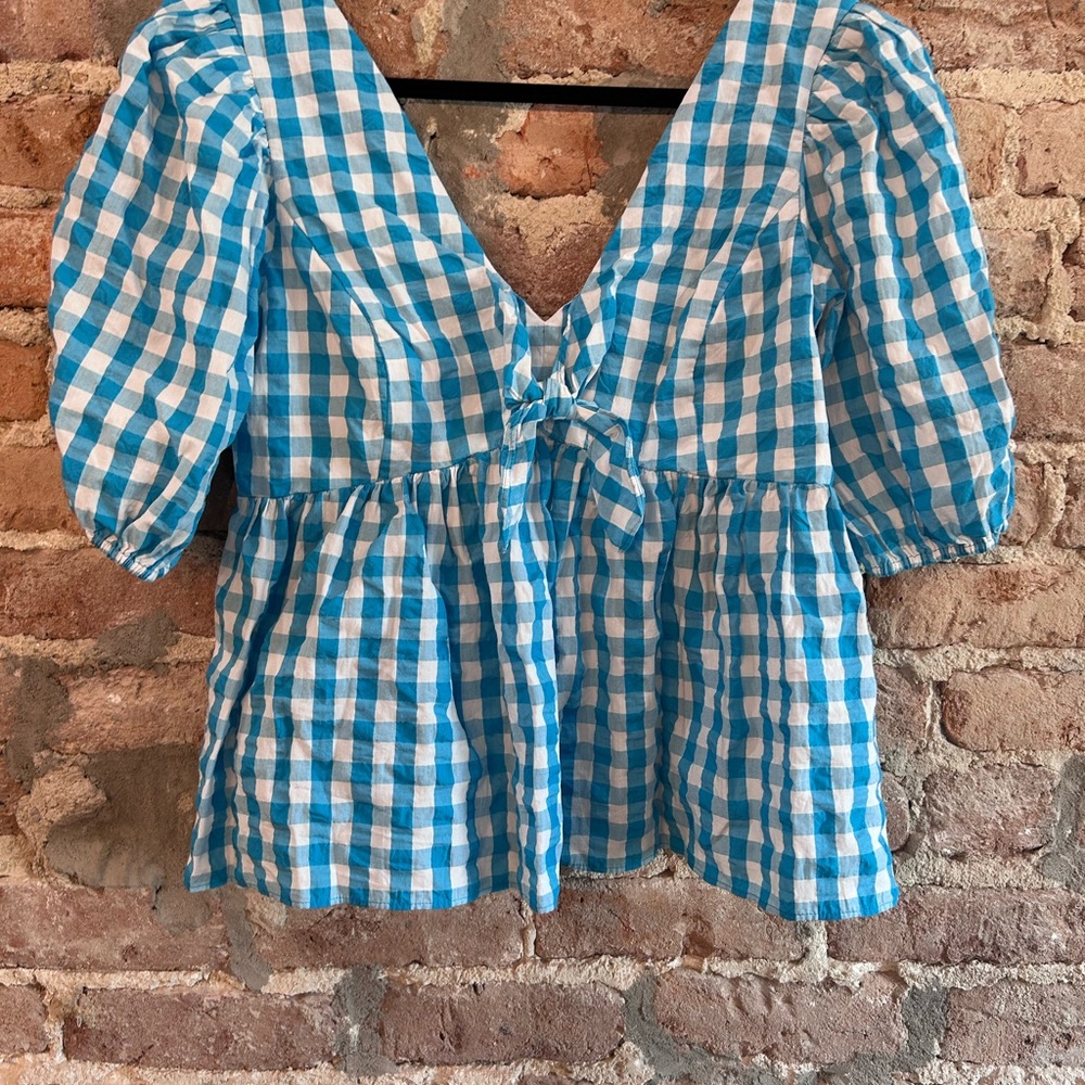 Lilly Pulitzer Sarafina Blue and White Gingham Puff Sleeve Blouse